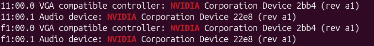 Terminal output of lspci showing two NVIDIA Device 2bb4 entries on separate PCIe buses