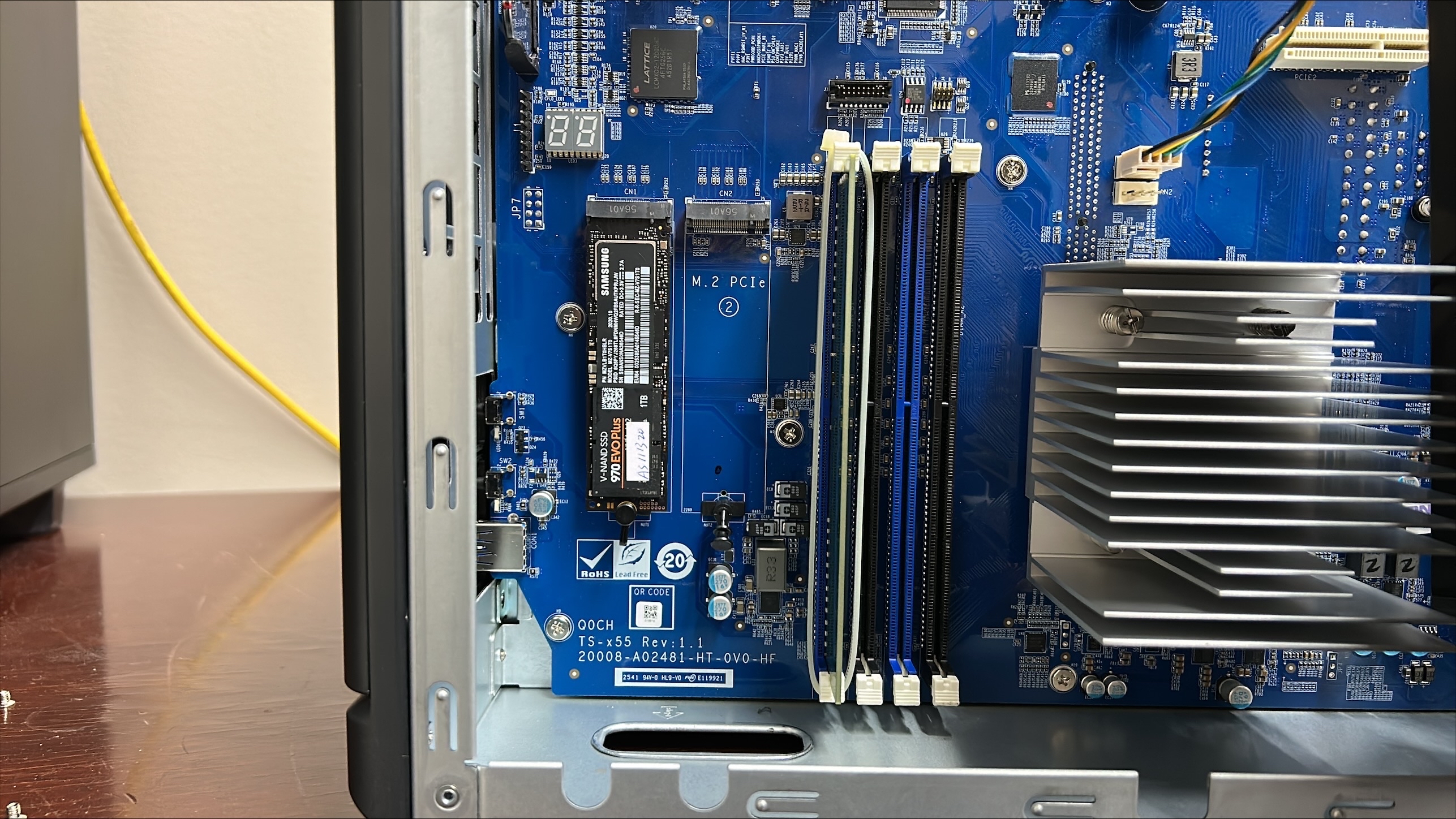 Samsung 970 EVO Plus installed in M.2 PCIe slot 1 on the QNAP motherboard